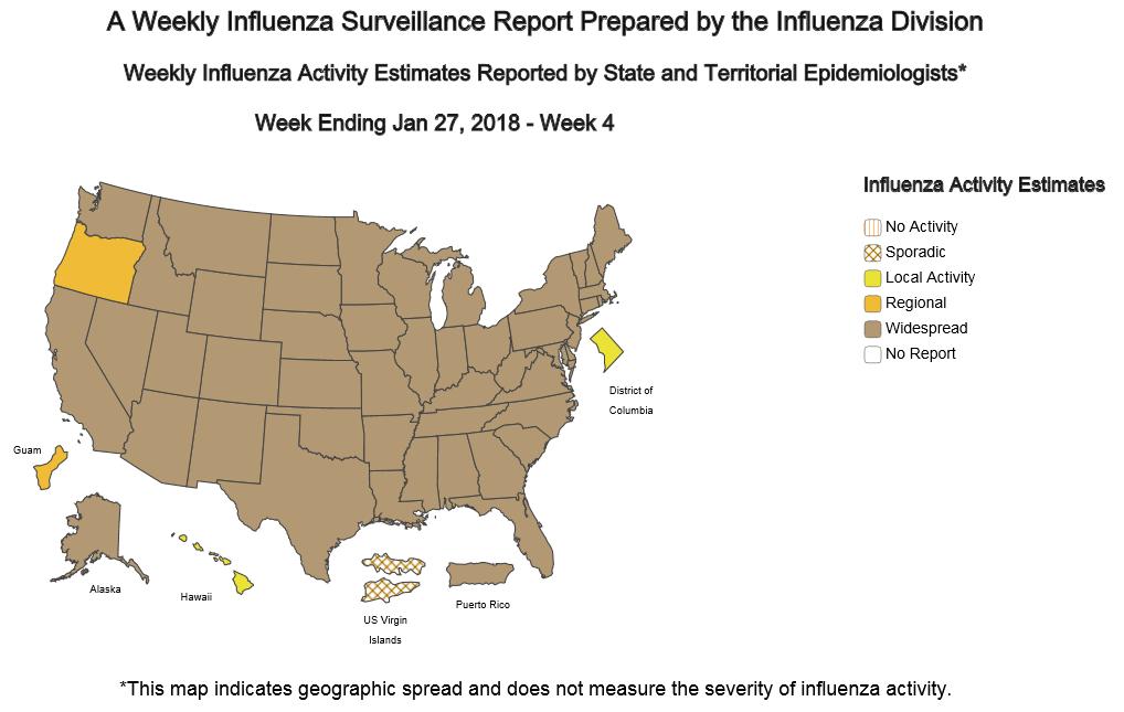 USA In tutti gli Stati Uniti, la circolazione dei virus influenzali si mantiene ad alti livelli, come evidenziato nella mappa sottostante aggiornata al 27 gennaio 2018.