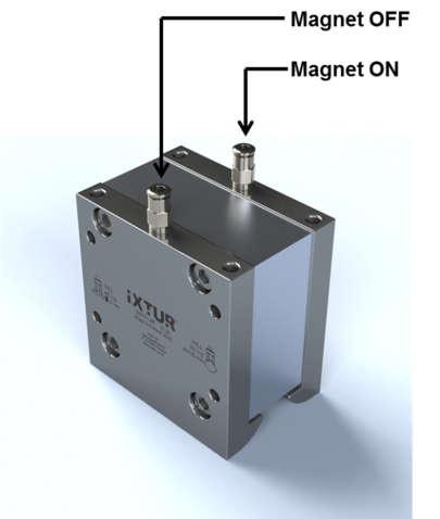 10 Uso del magnete pneumatico MRP-46 Il lato frontale ( lato lungo) e il lato posteriore del magnete dispone di connettori pneumatici. Quando la pressione nel lato posteriore del magnete è 6.