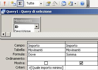 Anagrafiche (Codice, Cognome, Nome, Indirizzo) Movimenti (ID, Descrizione, Data, Importo, Codice) Somma degli importi