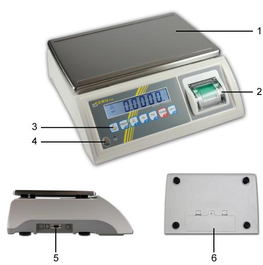 2 Panoramica del dispositivo 1. Piatto di bilancia 2. Stampante 3. Tasti 4.