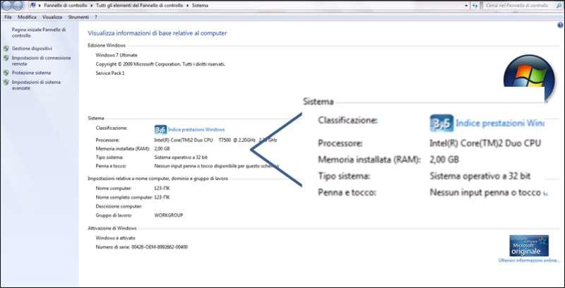 Nella figura sotto riportata il SO è a 32 bit, ma generalmente tutti i computer più recenti sono a 64 bit.