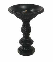 Cast iron planter consisting of a concave element with concentric decreasing reliefs, with a central hole for the proper flow of liquids and supported by 3 spherical feet for resting on the ground.