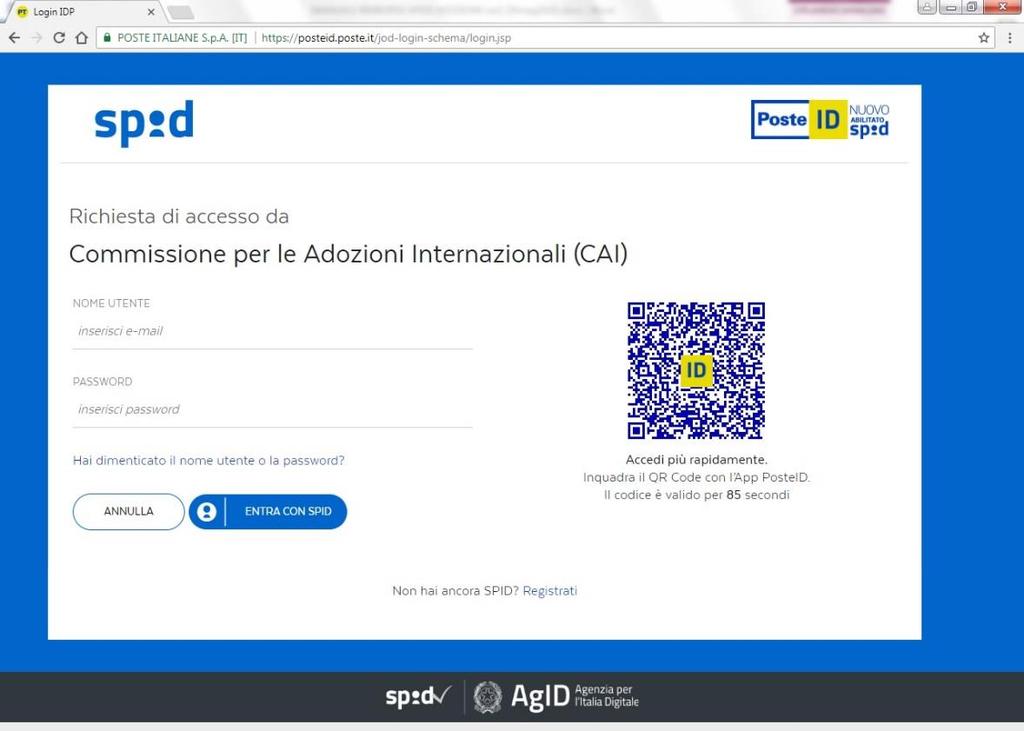 Una volta selezionato l Identity Provider (IdP) si verrà portati alla schermata di acceso al portale dell ADOZIONE TRASPARENTE,
