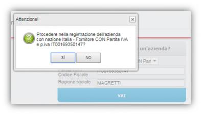 registrazione dell Azienda; selezionare Si per