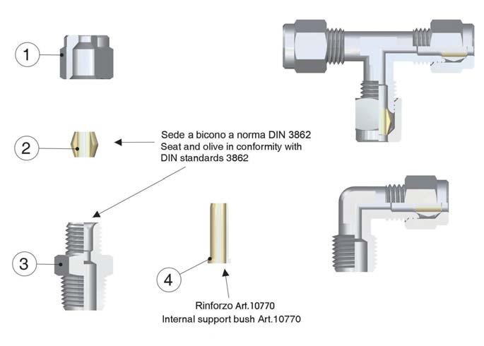 Serie 10000 Caratteristiche Tecniche / Technical Characteristics Materiali e Componenti / Component Parts and Materials 1 Dado in Ottone Nichelato 1 Nickel-plated Brass Nut 2 Ogiva in Ottone (PTFE a