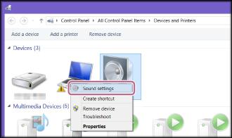 1. Fare clic con il tasto destro del mouse su [] in [Devices] e selezionare [Sound settings] dal menu che viene visualizzato. 2. Confermare [ Stereo] sulla schermata [Sound].