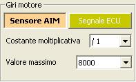 Eccoti alcune informazioni su questi parametri: Riquadro Giri motore: abilita Sensore AIM ed imposta Costante Moltiplicativa e Valore massimo se hai installato un sensore sul tuo veicolo e lo hai