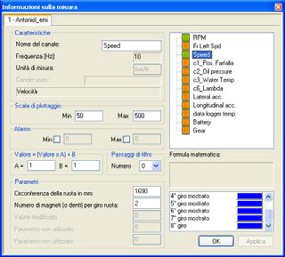 Figura 27: Race Studio Analysis Finestra Informazioni sulla misura.