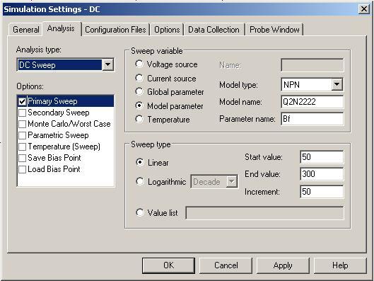 Sensibilità di I c1,2 a Impostare una simulazione DC Sweep Selezionare