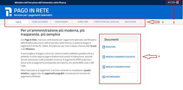 La pagina di benvenuto del servizio Pago In Rete è strutturata come segue: 4 1 Link ACCEDI per effettuare l accesso al servizio Pago in Rete o registrarsi.