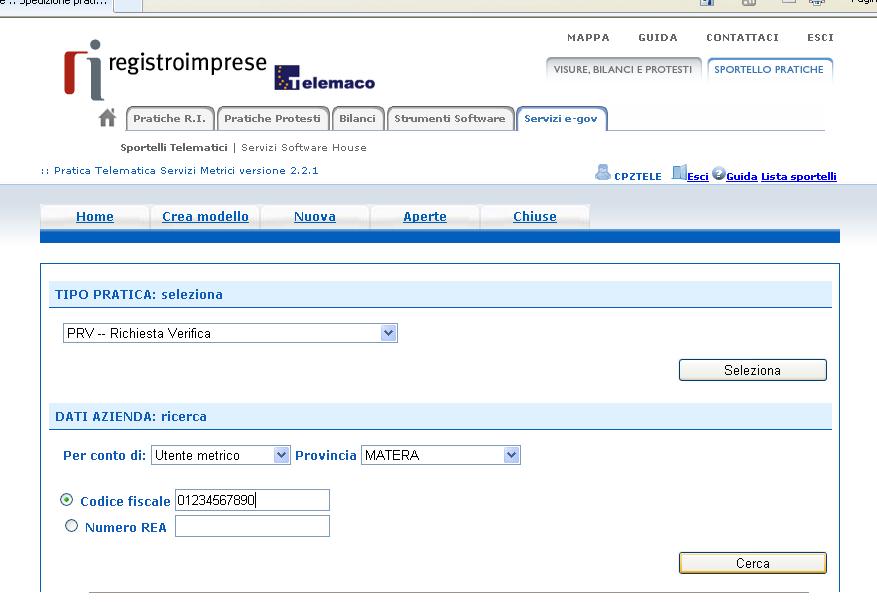 Si inseriscono i dati anagrafici dell utente metrico, provincia, codice fiscale o num.