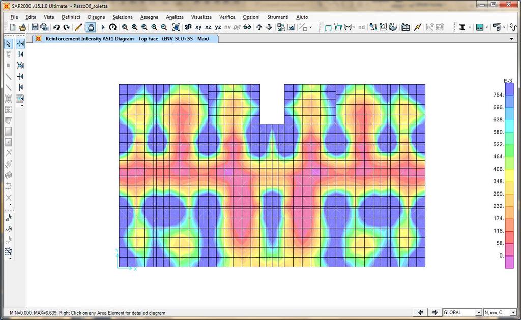 Mappa dell intensità di armatura superiore in direzione X (in mm 2 /mm) fornita da SAP2000 per la soletta al piano 0.