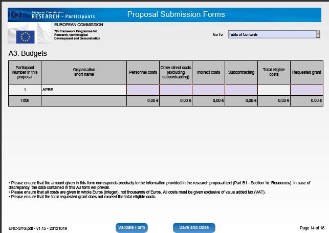 ERC proposal Part A3 Budget: In caso di più