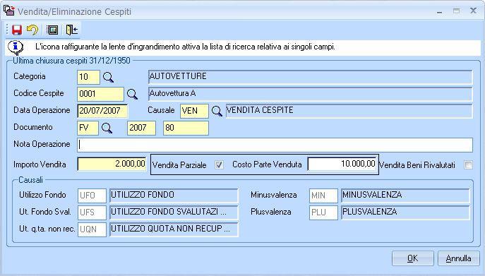 Casi particolari Vendita parziale di un cespite Nella maschera relativa alla vendita l Utente deve selezionare l opzione Vendita parziale e inserire i l costo della parte venduta (campo Costo parte