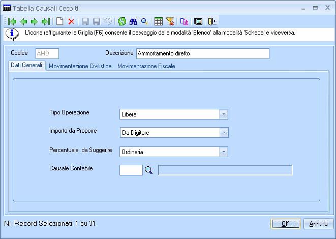 Casi particolari Ammortamento diretto Per gestire correttamente la casistica occorre creare una specifica causale cespite (ad esempio codice AMD AMMORTAMENTO DIRETTO) che
