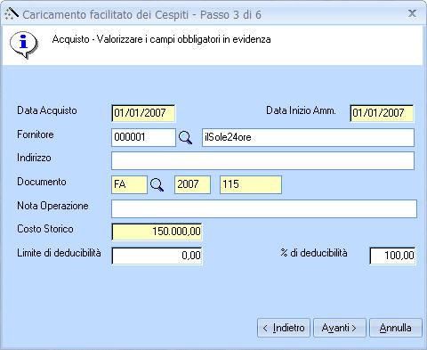 di utilizzo della Procedura Cespiti con Gestione Contabile; tale data (meno un giorno) è utilizzata per registrare il fondo ammortamento progressivo.