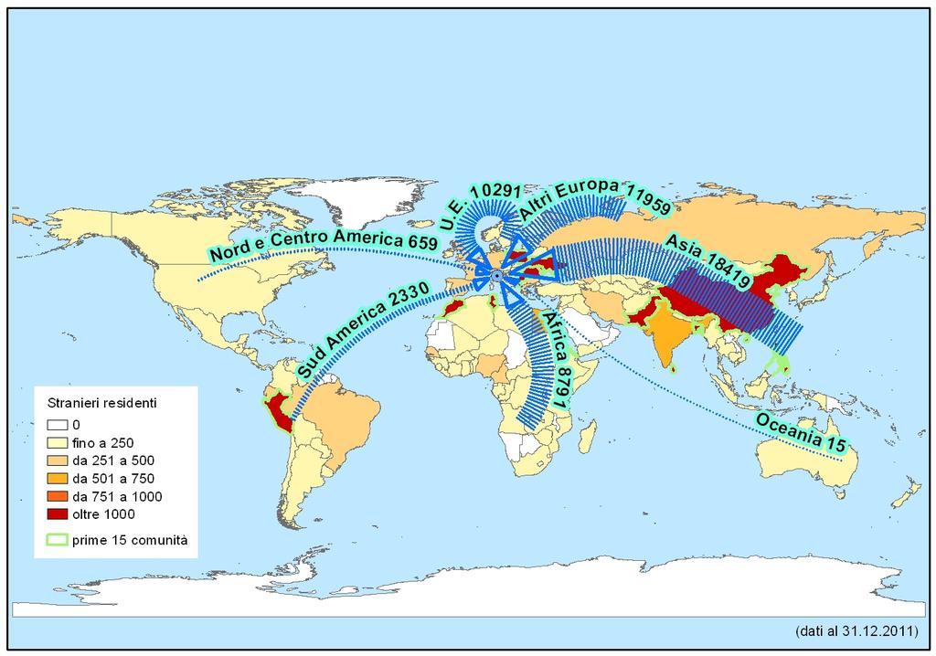 Notevole presenza di cittadini dell'europa orientale, del sub-continente indiano e dell'estremo oriente Stranieri residenti a Bologna per cittadinanza al 31 dicembre 2011 Gli stranieri che vivono