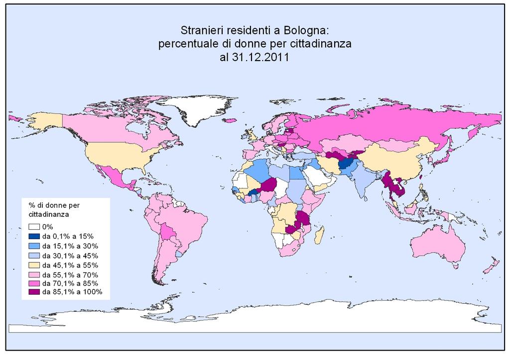 La composizione per genere è assai differenziata a seconda della provenienza Fra gli stranieri residenti al 31 dicembre 2011 le donne sono la maggioranza (27.638 contro 24.