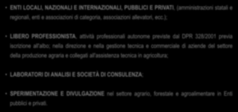 ); LIBERO PROFESSIONISTA, attività professionali autonome previste dal DPR 328/2001 previa iscrizione all'albo; nella direzione e nella gestione tecnica