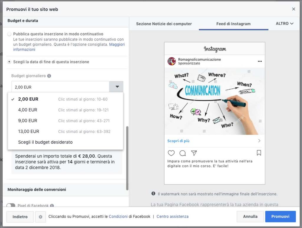 A questo punto devo definire il budget giornaliero e la durata della campagna Stima i click