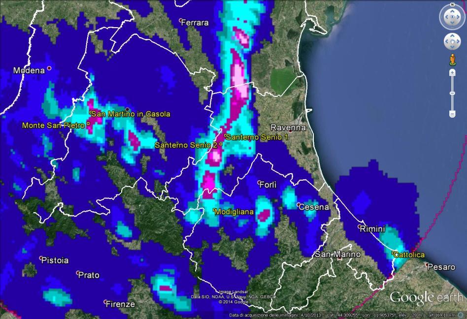 Figura 8: Mappa di precipitazione cumulata oraria ottenuta dal radar di San Pietro Capofiume del 02/05/2014 alle 10:00 UTC.