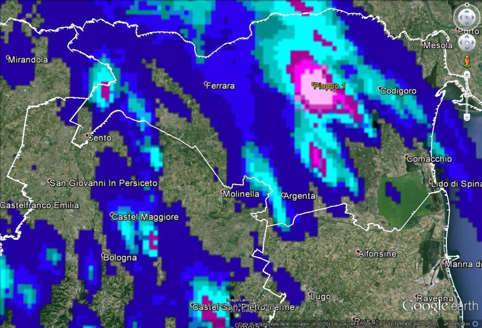 Figura 20: Mappa di precipitazione cumulata oraria ottenuta dal radar di San Pietro Capofiume del 02/05/2014 alle 12:00 UTC.