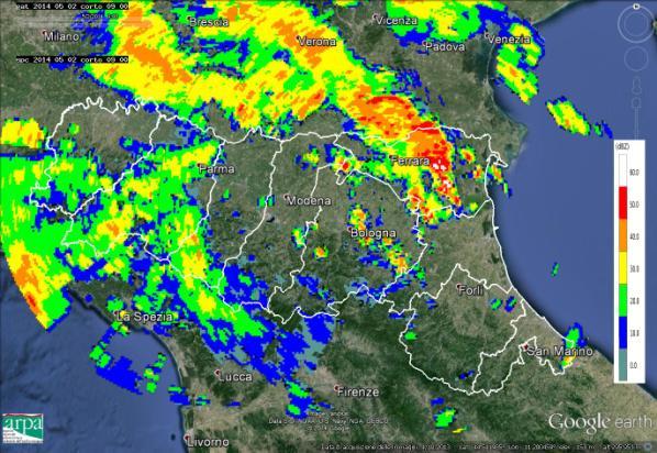 Figura 6: Mappe di riflettività del 02/05/2014 alle 02:30 (in alto a sinistra), 07:45 (in alto a