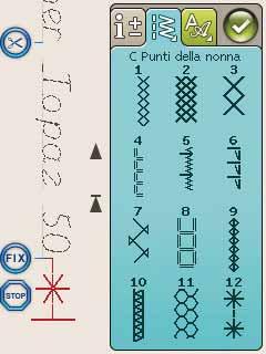 SEQUENZA punti dalla macchina o da una periferica esterna. PROGRAMMAZIONE IN MODALITÀ CUCITO menu Punti e i menu Font.