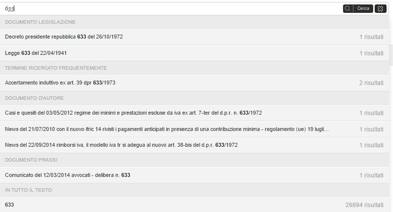 Ricerca per estremi efficace anche con un solo numero del documento (es. 633) o, per risultati più filtrati, con il numero seguito dall anno (es. 633/1972).