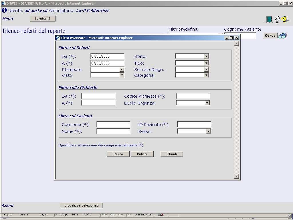 Pag. 0 E possibile ristampare referti stampati precedentemente, utilizzando un Filtro Avanzato di ricerca cliccando sull icona La ricerca è possibile