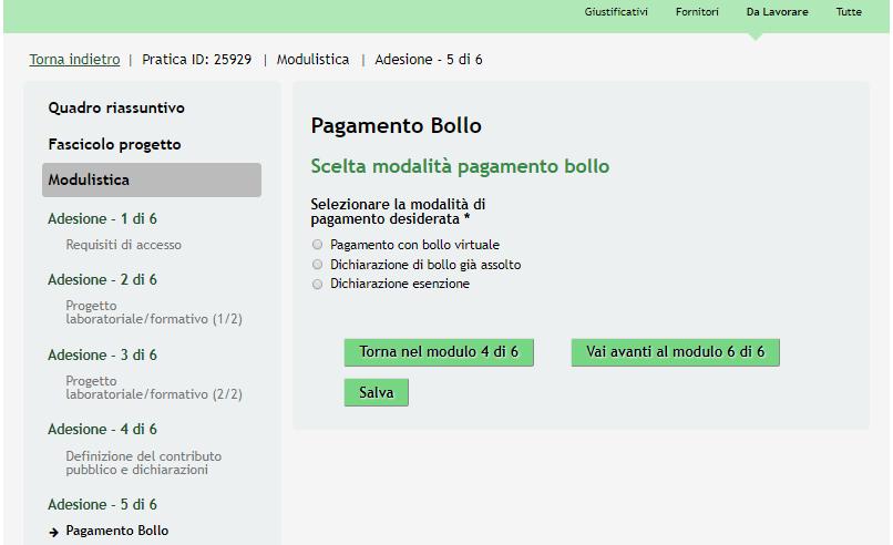 3.5 Modulo 5 Pagamento bollo Nel quinto modulo è possibile procedere con il pagamento dell imposta di bollo,