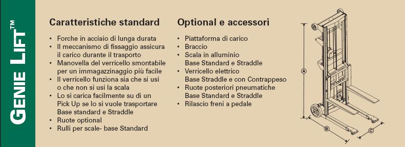 Caratteristiche standard * Colonna telescopica brevettata * Design per lavori pesanti lo rende compatto, sicuro, resistente e rigido.
