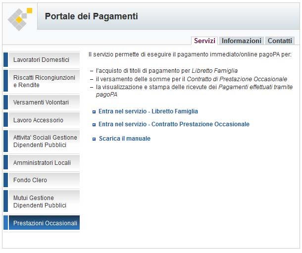 Cliccando su Prestazioni Occasionali si accede alla home page dove è possibile scegliere il servizio Contratto Prestazione