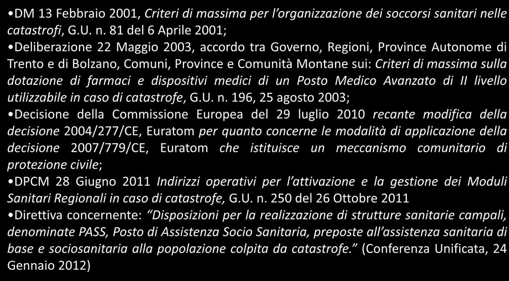 Soccorsi Sanitari Normativa Italiana e Europea DM 13 Febbraio 2001, Criteri di massima per l organizzazione dei soccorsi sanitari ne