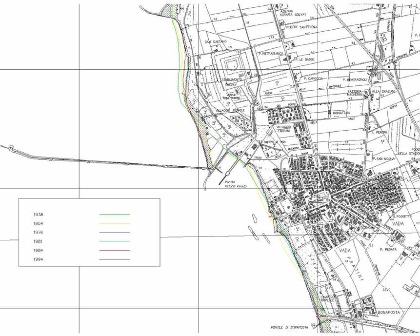 Forte erosione (max 2.8 m/anno) fino al 1981 a causa del pennello di Pietrabianca, poi è stata costruita una scogliera aderente per 330 m di lunghezza.