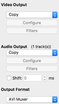 Avidemux La barra degli strumenti a sinistra può essere utilizzata per impostare encoder audio, video, filtri e formato di output.