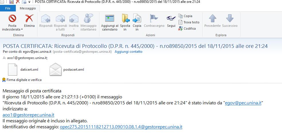 richiede la presenza sul computer di un software utile alla lettura dei file di tipo eml. Nell allegato postacert.