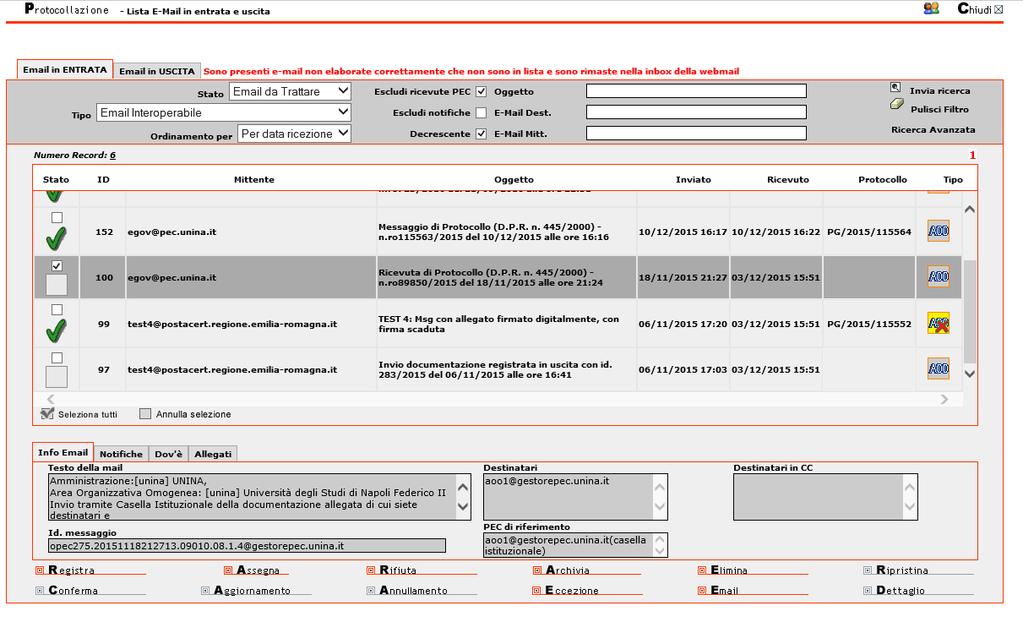 registrazione imposta il filtro Tipo: email Interoperabili, che restituisce le email