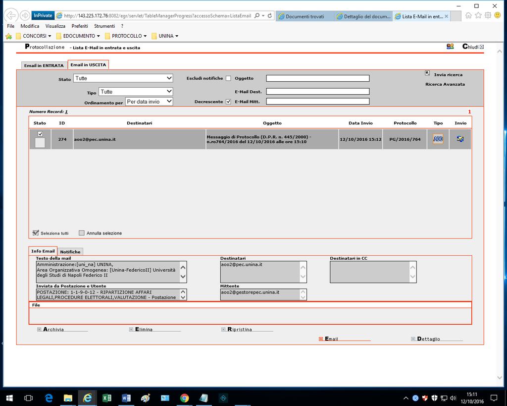 Figura 38 Il dettaglio delle mail associate alla registrazione Le ricevute PEC di accettazione e consegna dei messaggi inviati