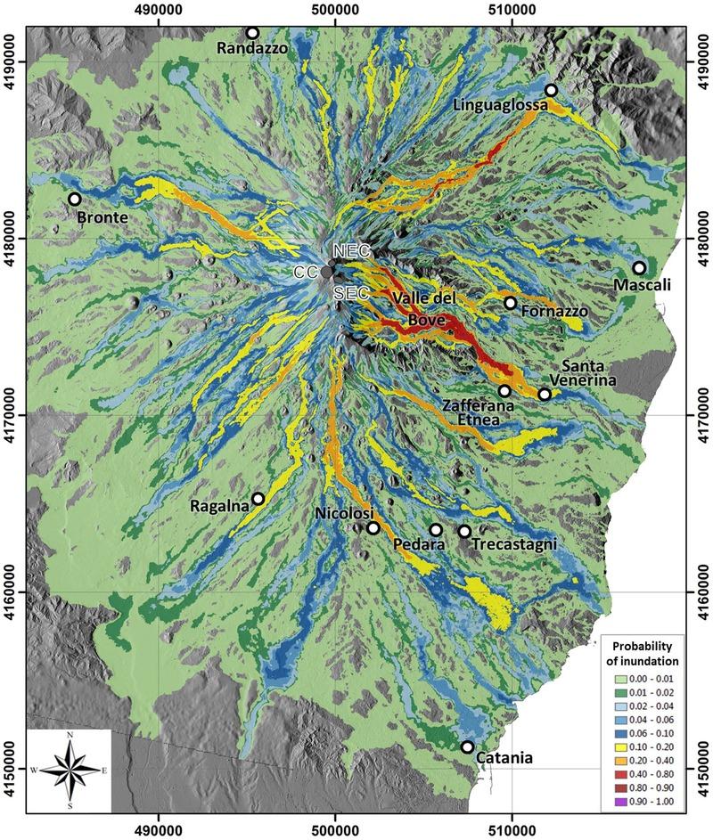 Simulazione delle colate di lava all Etna Mappa di probabilità di invasione lavica Modello MAGFLOW (INGV, Catania) Basato su Automi Cellulari (5 par.