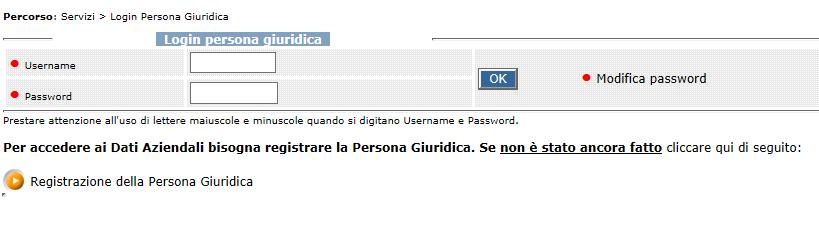 Inserire username e password ricevute per email dopo aver effettuato la registrazione PG e cliccare su OK.