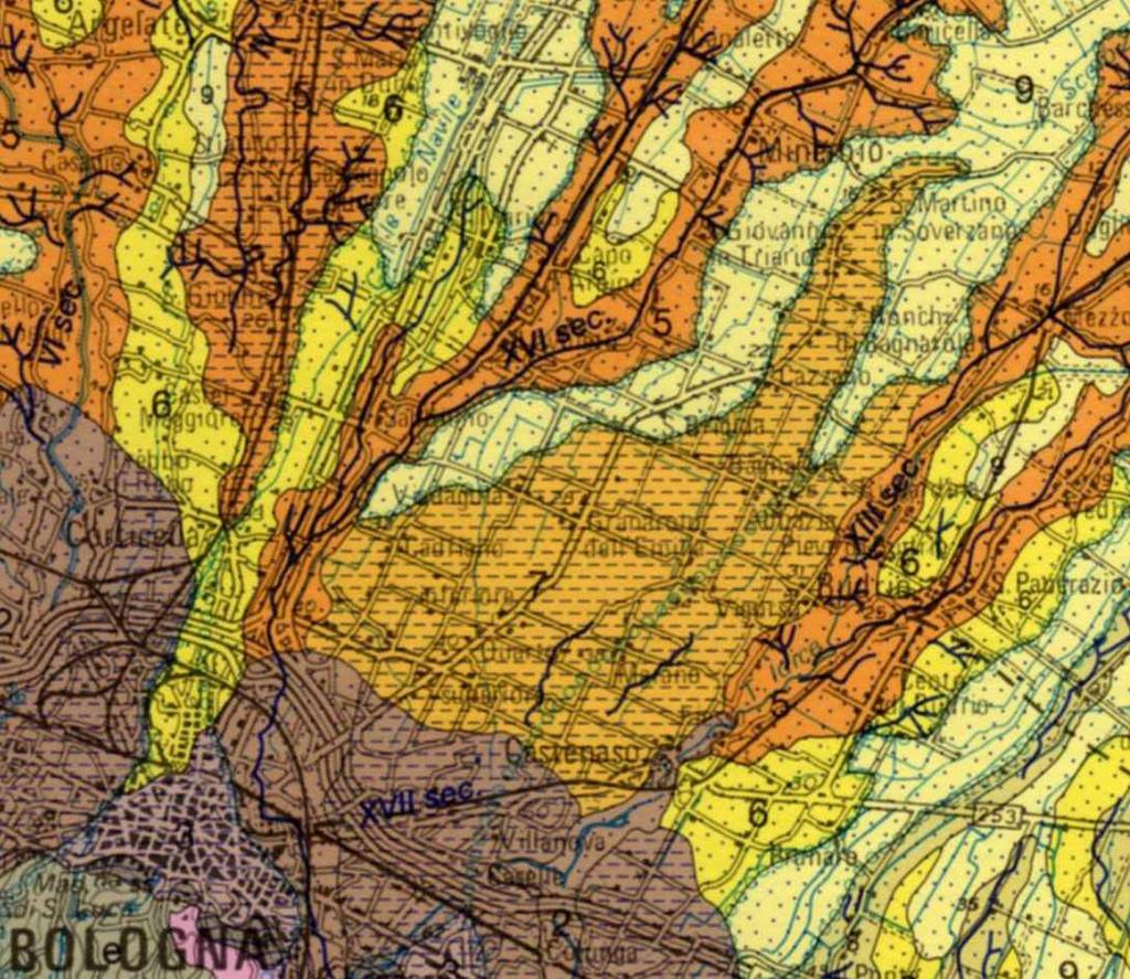 Fig. 2 Stralcio fuori scala dalla carta geologica di pianura dell'emilia Romagna (scala 1:250.000, ed. 1999 realizzazione D. Preti).