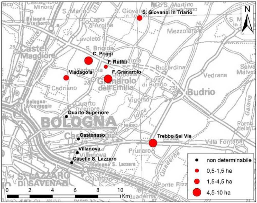 Fig. 4 Localizzazione e dimensioni approssimative dei siti principali dell'età del Bronzo Recente nel settore di pianura a Nord-Est di Bologna da G. Vinci, L'abitato dell'età del bronzo di S.