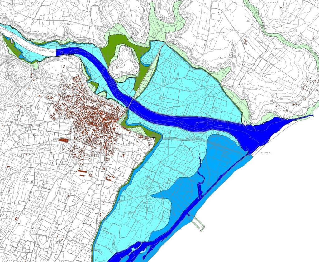 Soggette ad allagamento sarebbero altresì le zone artigianali poste a monte della S.S. 1 e la piana di S. Maria. Il ponte sulla S.S. 1 consentirebbe il transito delle portate di piena solo dopo la rotta arginale mentre non verrebbe in ogni caso sommersa la strada statale in direzione nord.