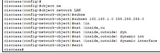 Creazione dell object network e configurazione NAT: A questo punto torniamo sul terminale di configurazione del firewall asa5505 per creare l ogetto