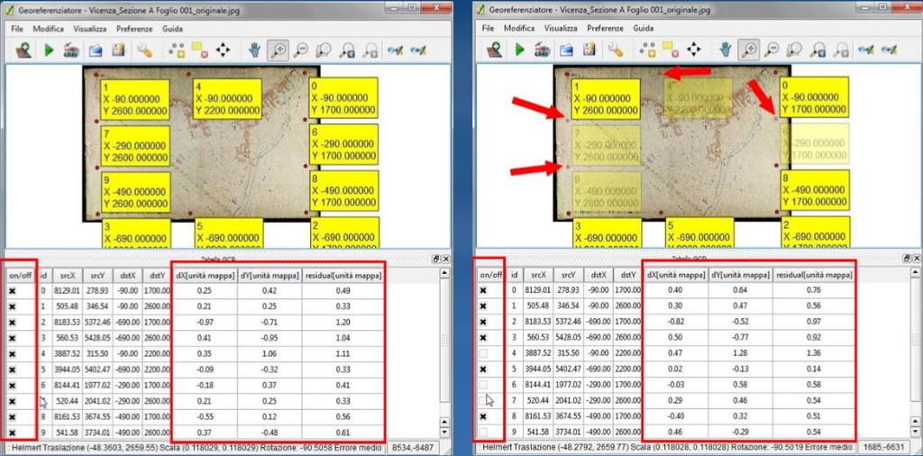 Valutazione qualità di trasformazione I parametri statistici di valutazione della qualità di una trasformazione di norma consistono in: Calcolo residui sui GCP nelle due coordinate planimetriche;