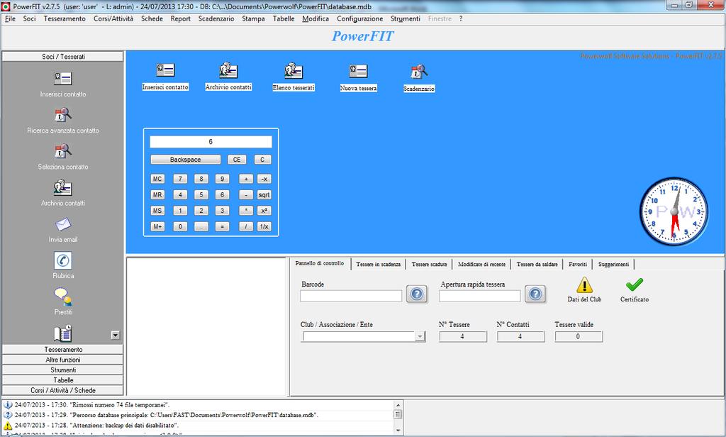 La schermata principale è composta da diverse sezioni: Menù orizzontale, che consente di eseguire la maggior parte delle funzioni del programma; Block Notes, in cui è possibile scrivere informazioni