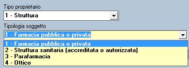 Sono state inoltre aggiunte due combo per indicare la tipologia proprietario e le relative tipologie di soggetto: - 1 - Struttura o 1 Farmacia pubblica o privata o 2 - Struttura sanitaria (