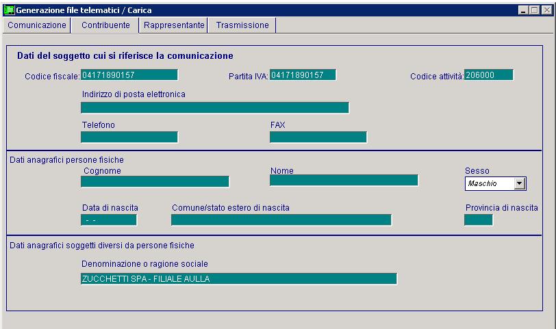 AD HOC WINDOWS ANTIEVASIONE IVA E FLUSSI TELEMATICI Quadro FE Quadro FR Quadro NE Quadro NR Quadro DF Quadro FN Quadro TU Quadro SE Contribuente In questa sezione vengono riportati i dati anagrafici