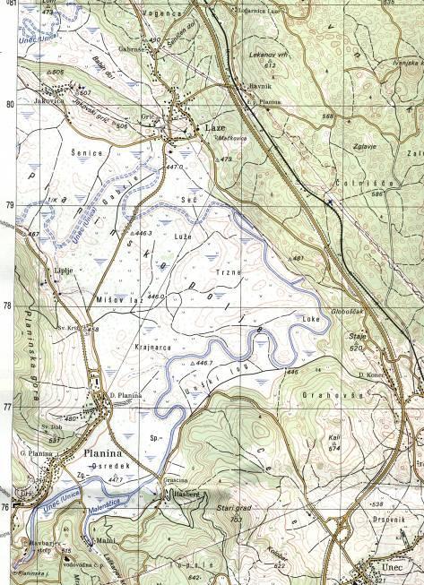 Polje di Planina Area a Nord Est di Postumia (Postojna, Adelsberg) (uscita autostradale Unec) Le acque provengono da Sud, Sud- Ovest, dalle grotte di Postumia e dal Rio